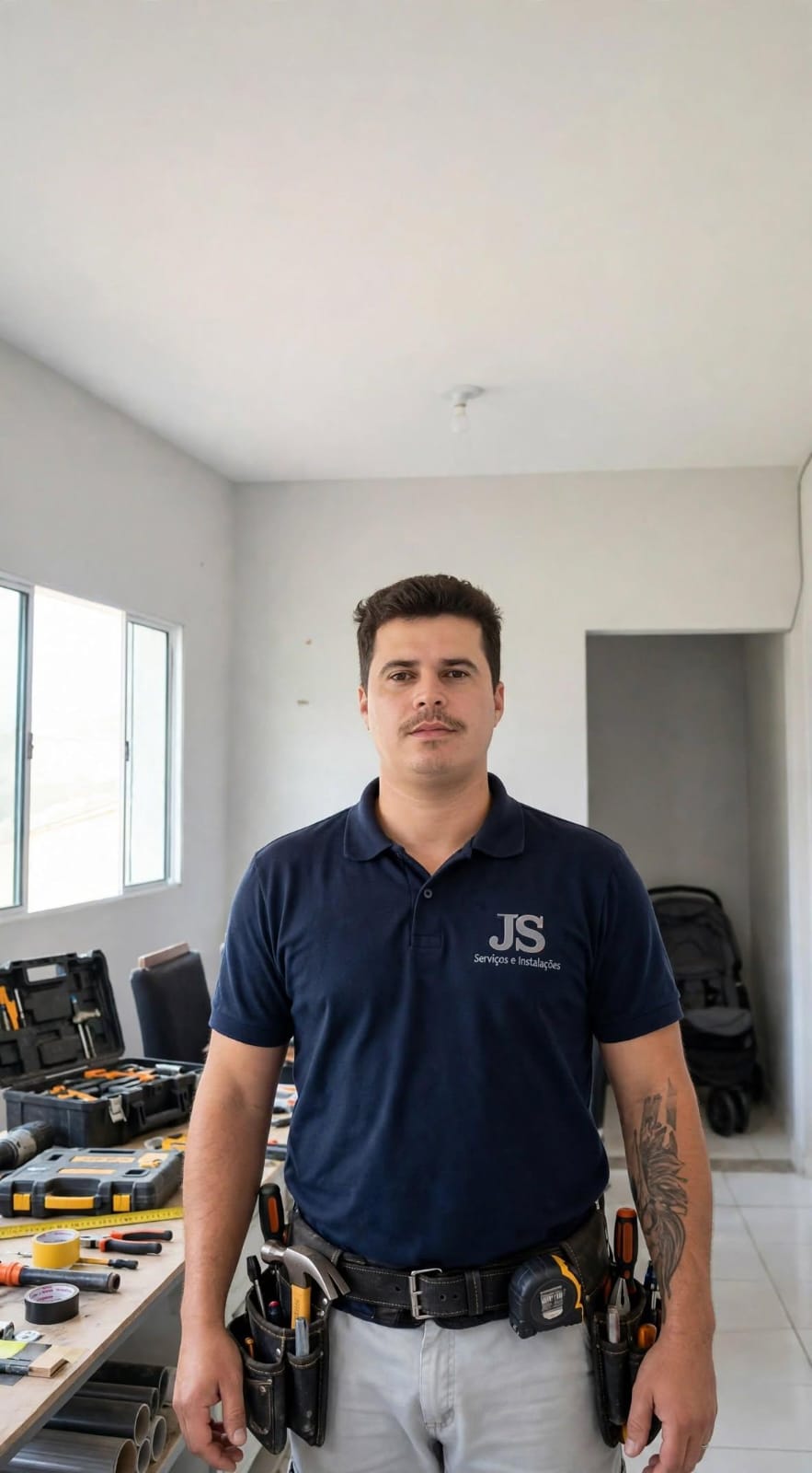 Profissional da JS Faz Tudo com cinto de ferramentas em um imóvel durante atendimento